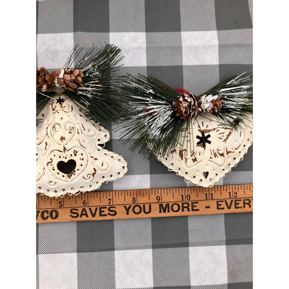 Hanna's Handiworks Christmas Ornaments Cream Rustic Metal Distressed Set of 2